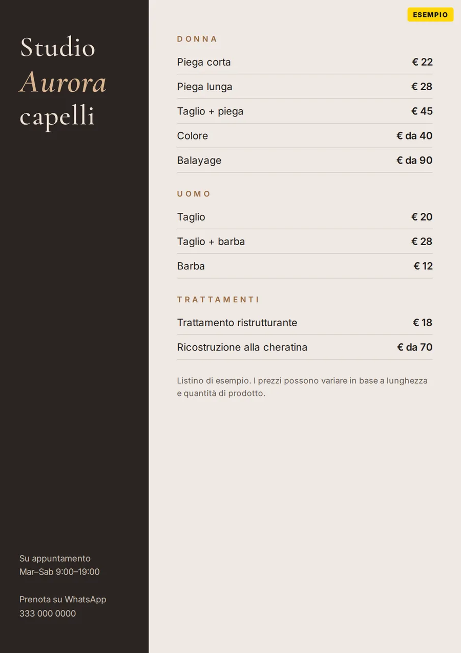 Esempio: listino prezzi per parrucchiere