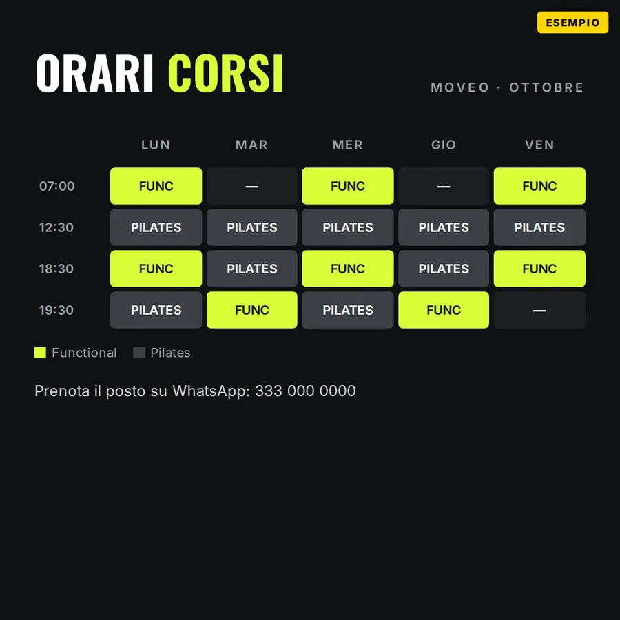 Esempio: post social con orari dei corsi di una palestra
